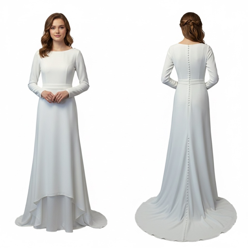 Mingda’s Dress NWT Long Sleeve Bridal Gown White Minimalist Crepe Train